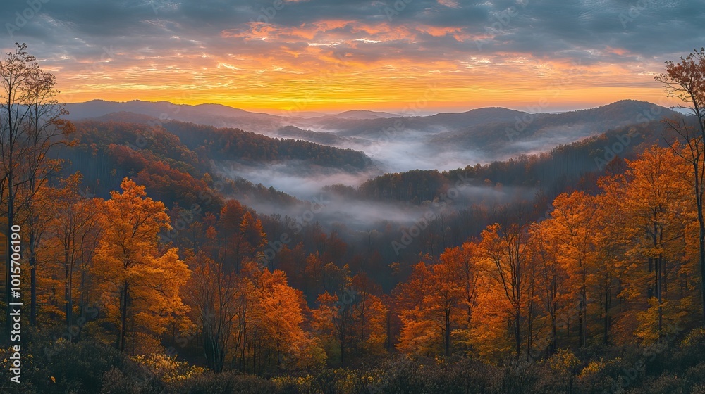 A stunning morning panorama reveals the forest cloaked in autumnal fog, with vibrant colors and the soft light of sunrise illuminating the hills. A stunning morning panorama reveals the forest cloaked in autumnal fog, with vibrant colors and the soft light of sunrise illuminating the hills.