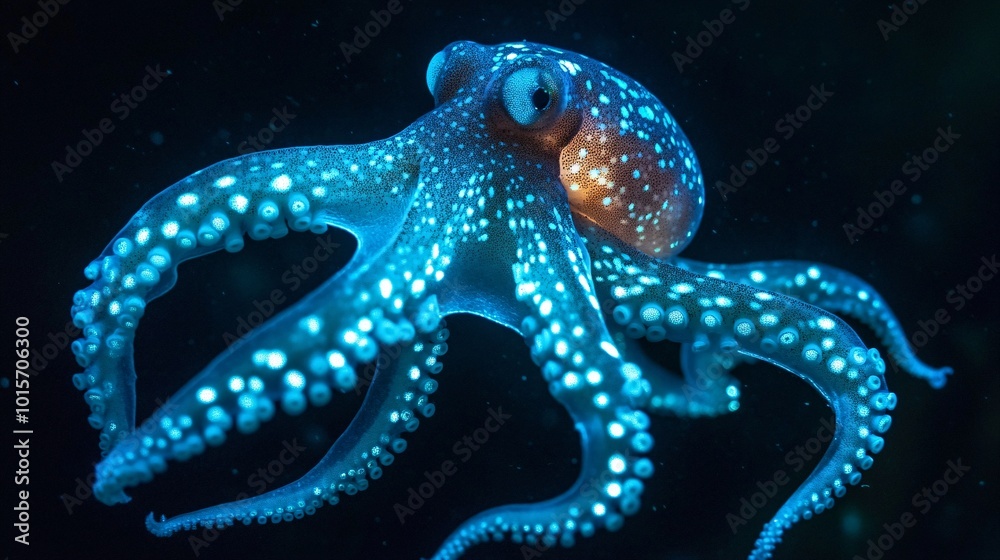 Obraz premium Ghostly Bioluminescent Octopus in Deep Sea Waters