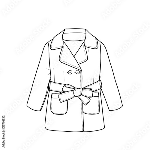 Lapel overcoat technical fashion illustration with a belt, long sleeves, and knee length. Outerwear jackets technical fashion illustration. Flat coat template.