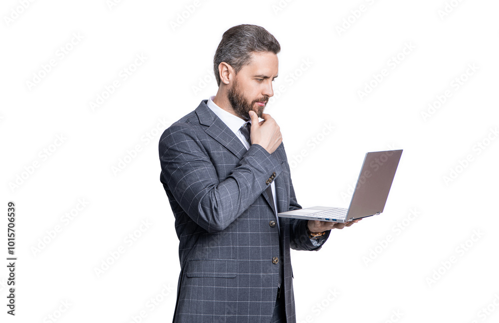 Businessman in suit with laptop in office. Remote online working. Business blog success. Businessman using laptop isolated on white. Freelancer working online. Man has online blog. Digital marketing Businessman in suit with laptop in office. Remote online working. Business blog success. Businessman using laptop isolated on white. Freelancer working online. Man has online blog. Digital marketing
