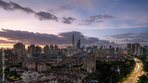 Panoramic view of sunset in Lujiazui, Shanghai