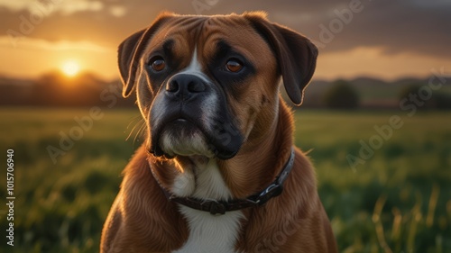 A fawn-colored boxer dog with a white chest stares directly at the camera, with a field of green grass and a hazy sunset behind.