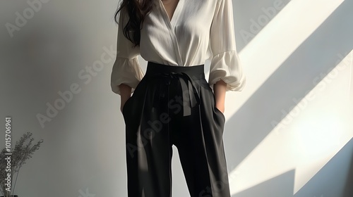 65. A sleek and professional outfit with a fitted blouse and wide-leg trousers