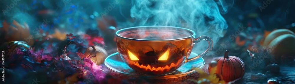 A mystical Halloween tea with a spooky glow, surrounded by colorful fog and festive pumpkins, creating an enchanting atmosphere. A mystical Halloween tea with a spooky glow, surrounded by colorful fog and festive pumpkins, creating an enchanting atmosphere.