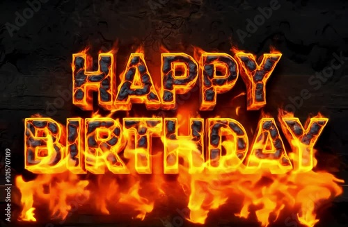 The words 'Happy Birthday' are rendered in bold, 3D letters engulfed in flames against a dark, textured background. The fire is intense and realistic, creating a dramatic effect.
