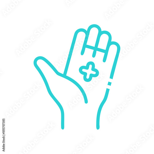 Healing symbol icon featuring a hand with a medical cross in light blue
