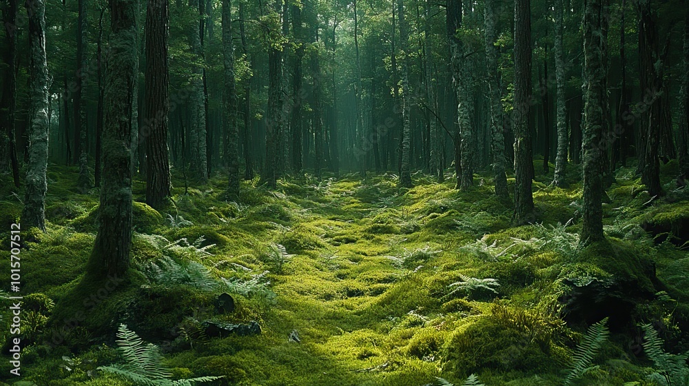 A tangled web of moss-covered trees and lush ferns thrives in forest, offering refuge for native wildlife and plant species.