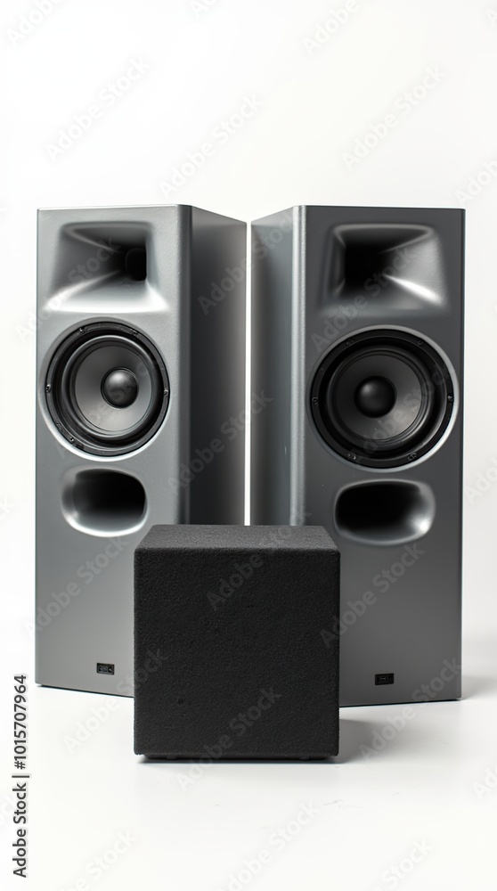 Fototapeta premium Two sound speakers and a subwoofer on white background