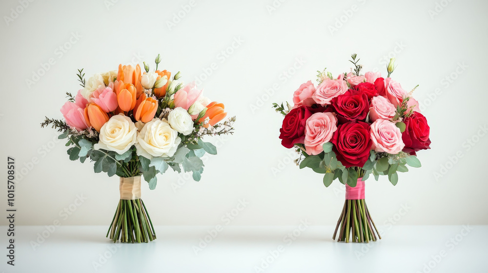 Two beautiful bouquets of flowers, one with pink and orange tulips and white roses, and the other with red and pink roses. Two beautiful bouquets of flowers, one with pink and orange tulips and white roses, and the other with red and pink roses.