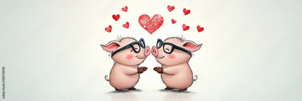 Two adorable pigs with glasses are holding hands with a red heart above them. Two adorable pigs with glasses are holding hands with a red heart above them.