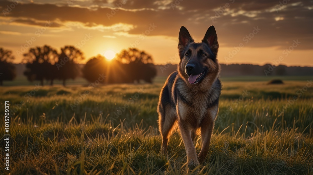 A German Shepherd dog stands in a field at sunset, looking towards the camera with its tongue sticking out. A German Shepherd dog stands in a field at sunset, looking towards the camera with its tongue sticking out.