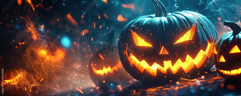 Spooky Halloween pumpkins glowing in the dark, creating an eerie atmosphere with vibrant colors and dramatic lighting effects. Spooky Halloween pumpkins glowing in the dark, creating an eerie atmosphere with vibrant colors and dramatic lighting effects.