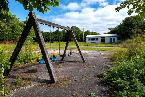 Realistic scene of someone visiting an old school playground, with swings and slides now worn with time, evoking memories of childhood