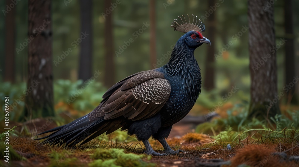 Obraz premium A majestic blue and brown pheasant with a red crest stands in a forest with green moss and brown leaves on the ground.