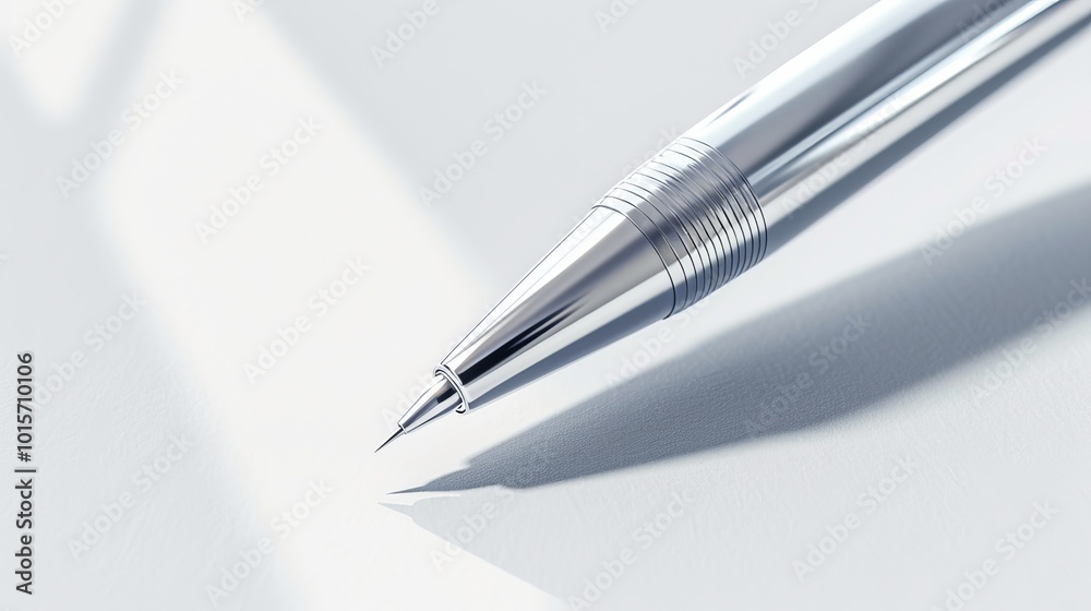 A detailed macro shot of a modern silver pen with a sleek design, casting a shadow on a white surface. The minimalistic and professional aesthetic emphasizes elegance and precision, suitable for A detailed macro shot of a modern silver pen with a sleek design, casting a shadow on a white surface. The minimalistic and professional aesthetic emphasizes elegance and precision, suitable for