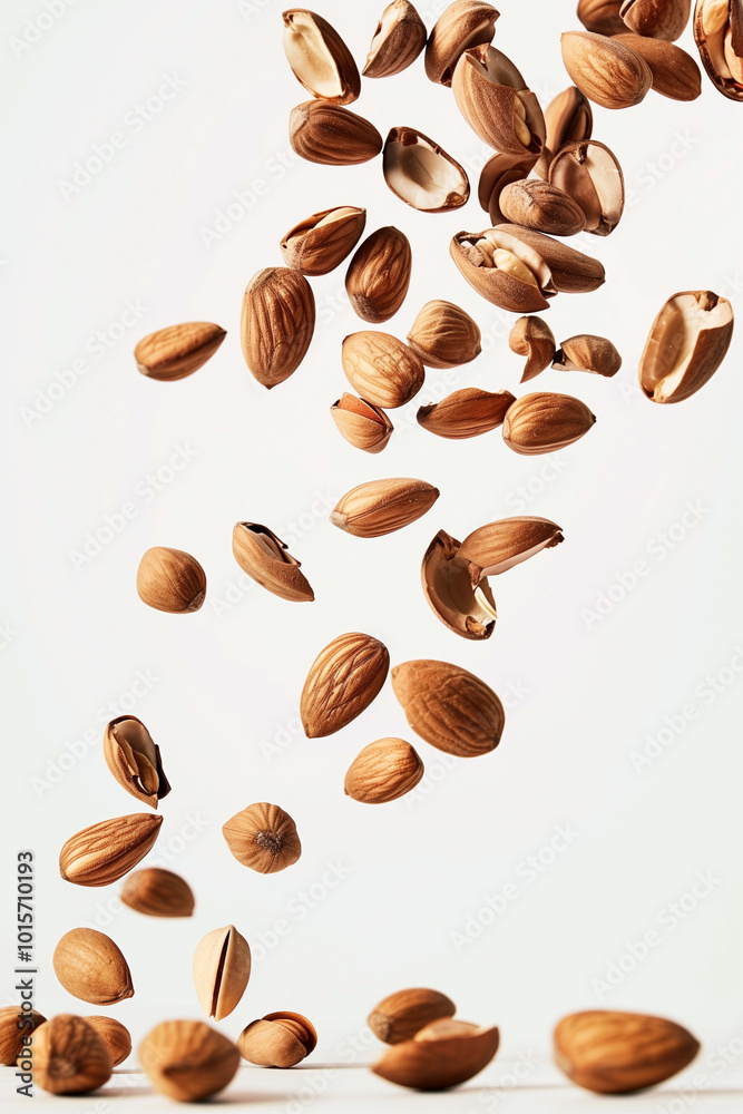 A graceful display of nuts floating and descending against clean white background A graceful display of nuts floating and descending against clean white background