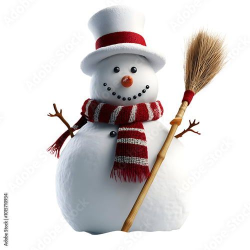 A cheerful snowman wearing a scarf and hat, holding a broom, set against a white isolated background. photo