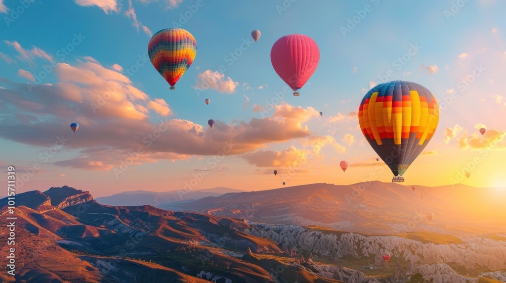 Naklejka premium Hot Air Balloons Over Mountains at Sunset