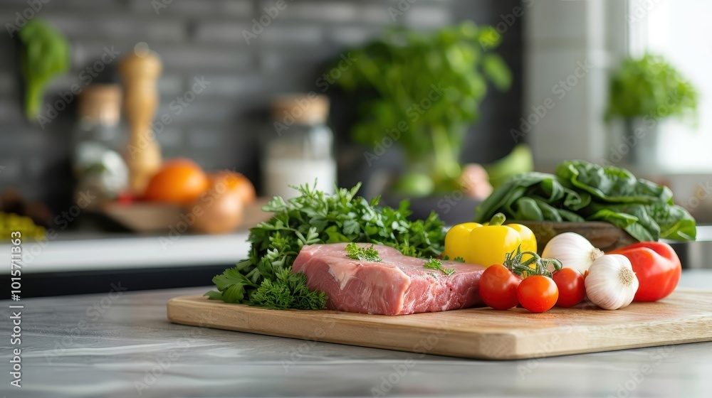A5 meat cuts on a marble countertop with fresh vegetables and herbs, warm ambient lighting. A5 meat cuts on a marble countertop with fresh vegetables and herbs, warm ambient lighting.