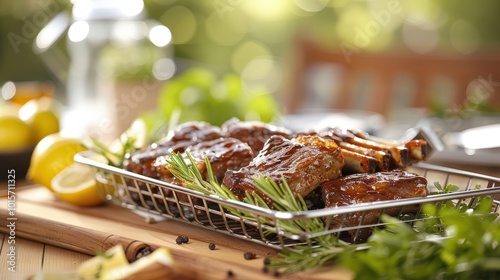 Fresh beef ribs on a glass dish with herbs, spices, and lemon slices, in a contemporary dining area with natural lighting.