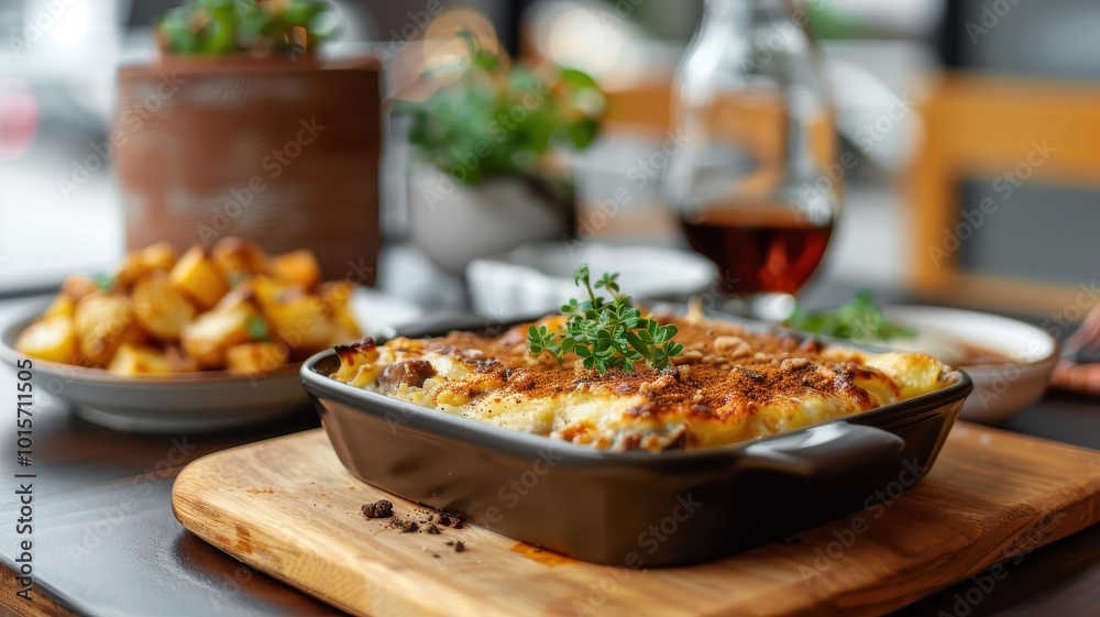 A platter of Greek moussaka with layers of eggplant, potatoes, lamb, and béchamel sauce. A platter of Greek moussaka with layers of eggplant, potatoes, lamb, and béchamel sauce.