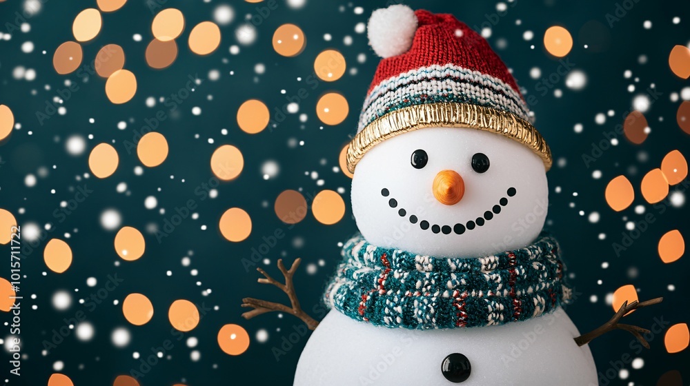 A cheerful snowman wearing a red hat and a patterned scarf against a festive, bokeh background, evoking a winter holiday spirit.