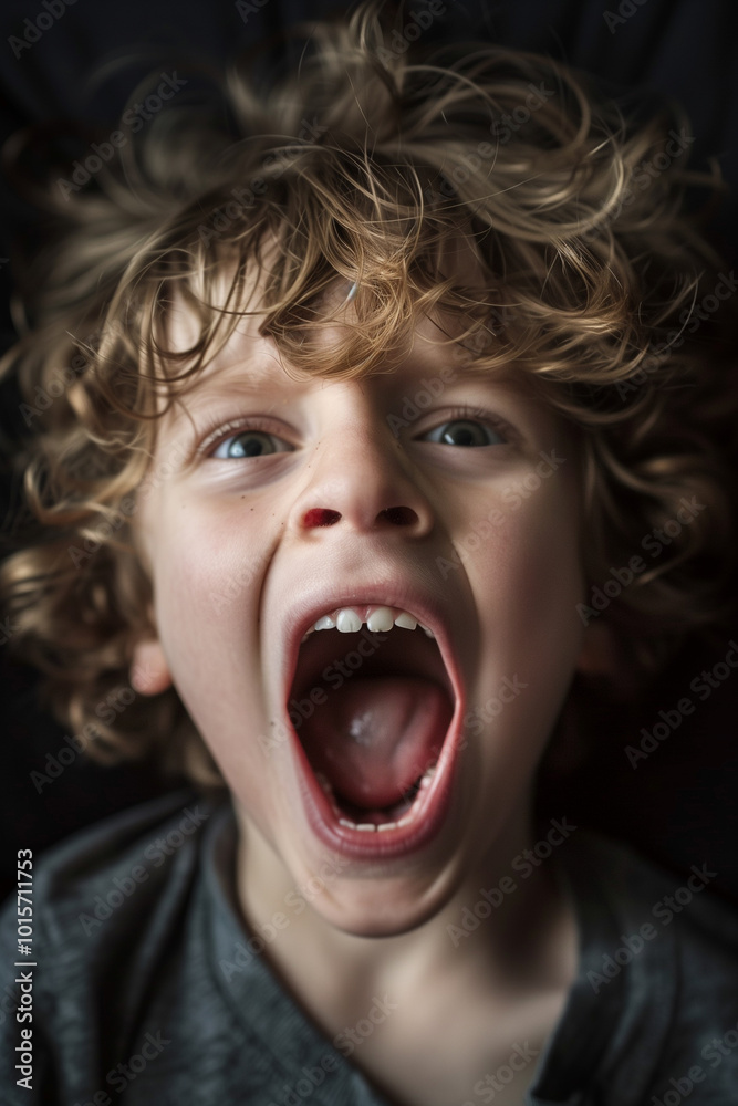 A young boy expressing joy and excitement with a wide open mouth A young boy expressing joy and excitement with a wide open mouth