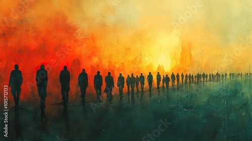 A haunting abstract image shows an endless queue of refugees, symbolizing the struggles and displacement caused by climate crises and conflicts.