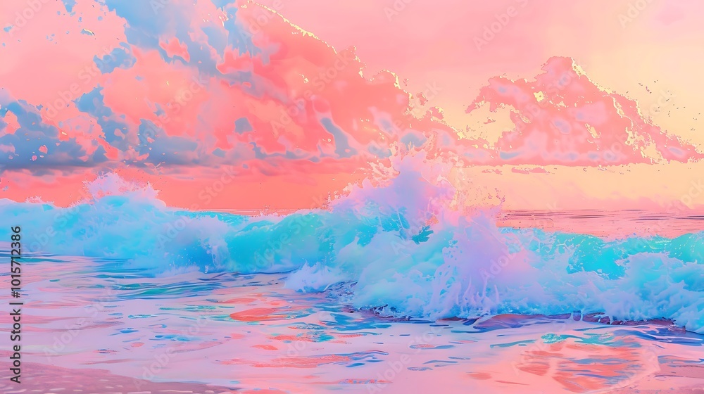 A dreamy coastal gouache painting in neon pastels, with electric blue waves crashing onto a soft pink shore under a neon sunset sky. 8k UHD, suitable for high-quality printing or digital display. 