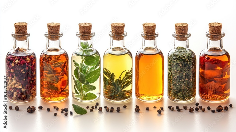 A collection of herbal and flavored oils in glass bottles. A collection of herbal and flavored oils in glass bottles.