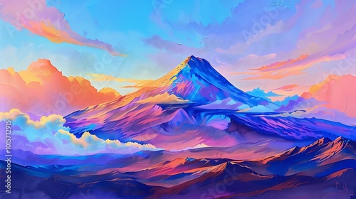 Fototapeta Naklejka Na Ścianę i Meble -  A neon pastel landscape gouache painting of a distant mountain peak, bathed in glowing shades of neon purple, orange, and turquoise, with soft clouds floating above. 8k UHD, suitable for high-quality 