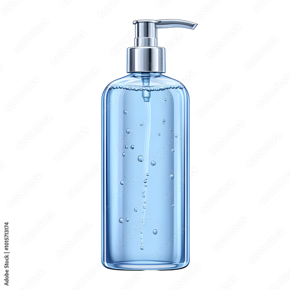 Blue glass bottle with a pump dispenser, isolated on a white background.