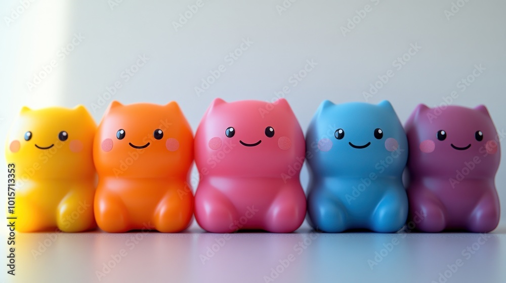 Five colorful, smiling cat-shaped toys lined up on a surface. Five colorful, smiling cat-shaped toys lined up on a surface.