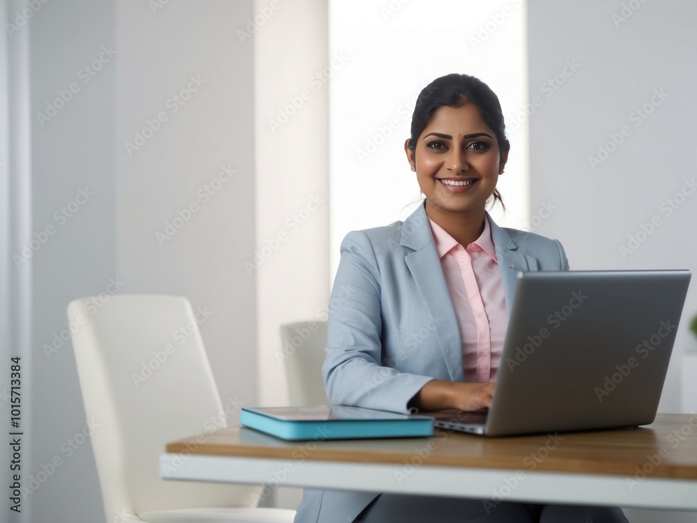 happy smiling female employee working on desk. Generative ai happy smiling female employee working on desk. Generative ai