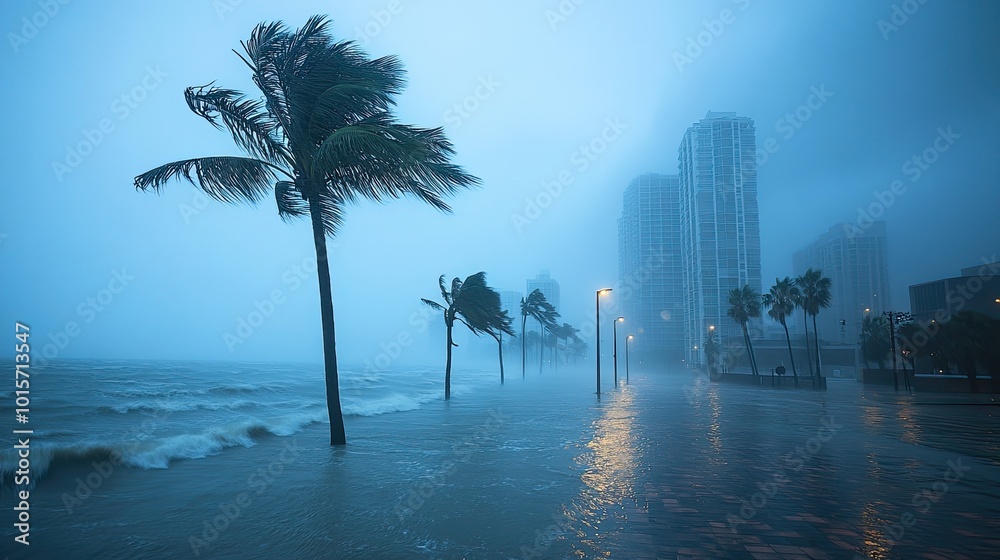 A hurricane strikes a coastal city, with ferocious winds bending palm ...