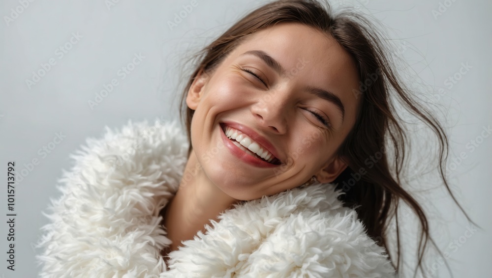 Smiling woman with long blonde hair wearing fur coat, joyful and content expression Smiling woman with long blonde hair wearing fur coat, joyful and content expression