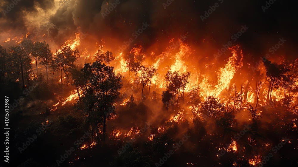 A jungle burns, its flames spreading rapidly and signaling a severe environmental disaster. A jungle burns, its flames spreading rapidly and signaling a severe environmental disaster.