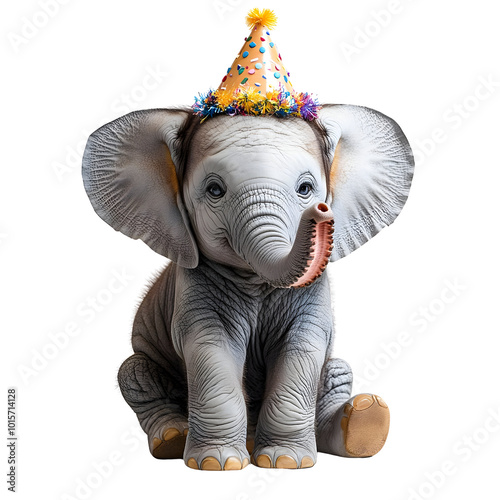 Cute elephant wearing a colorful party hat, perfect for celebrations and joyful occasions, isolated on a white background. photo