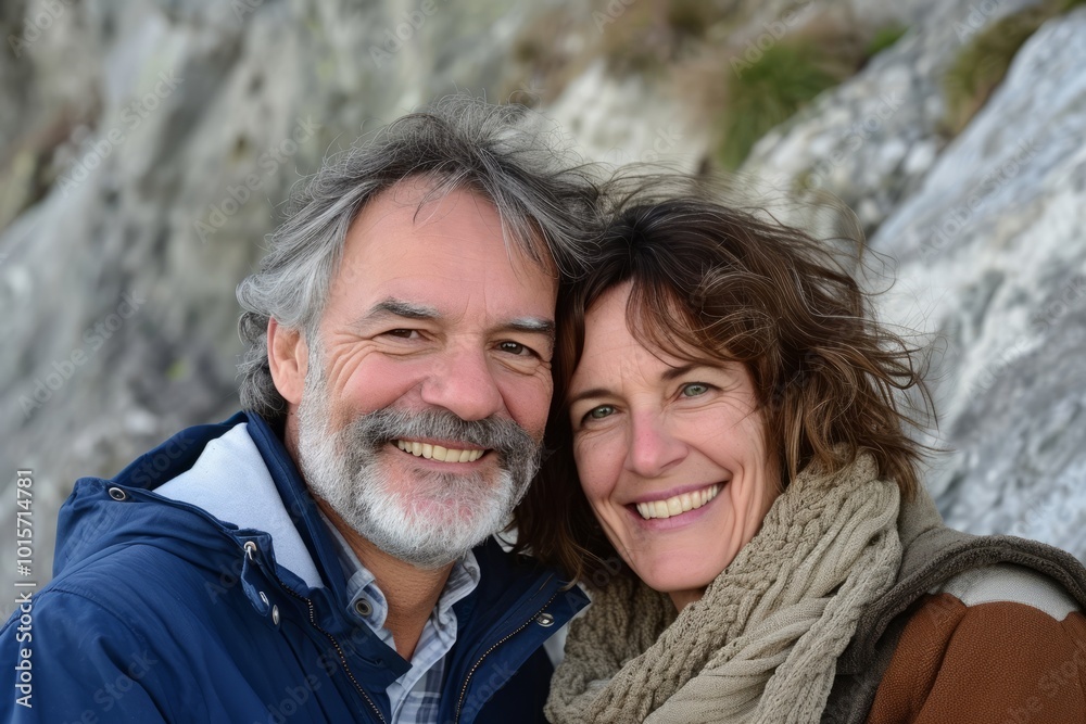 Portrait of a happy senior couple sitting on the edge of cliff Portrait of a happy senior couple sitting on the edge of cliff