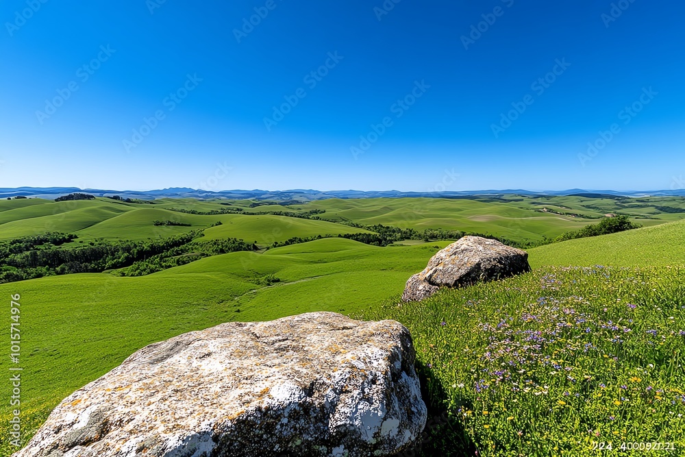 Realistic view of rolling hills, with green fields, wildflowers, and a clear blue sky stretching into the distance Realistic view of rolling hills, with green fields, wildflowers, and a clear blue sky stretching into the distance