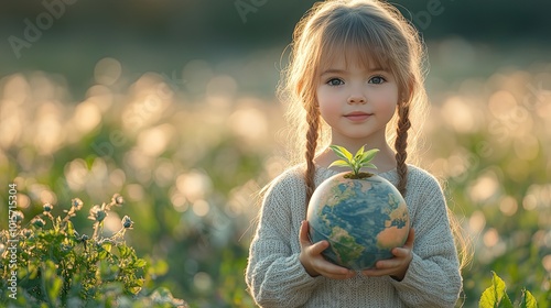 A little girl carefully holds a globe and a plant, symbolizing the importance of Earth Day and sustainability education.