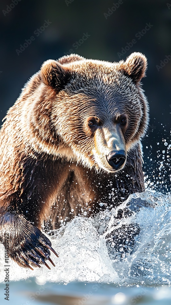 Obraz premium Grizzly bear fishing in sunlit river, salmon jumping