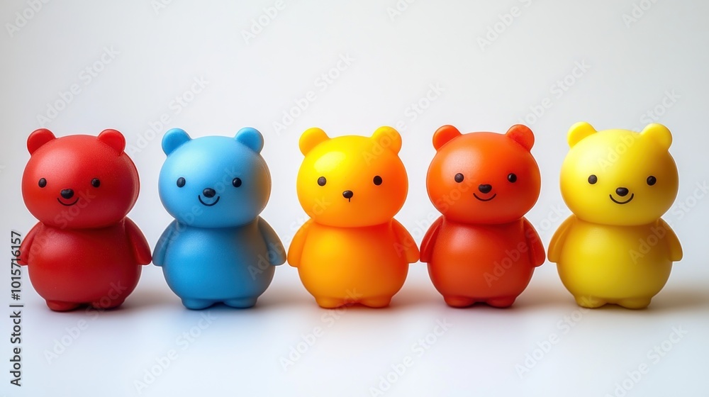 Colorful plastic bear figurines lined up on a white background. Colorful plastic bear figurines lined up on a white background.