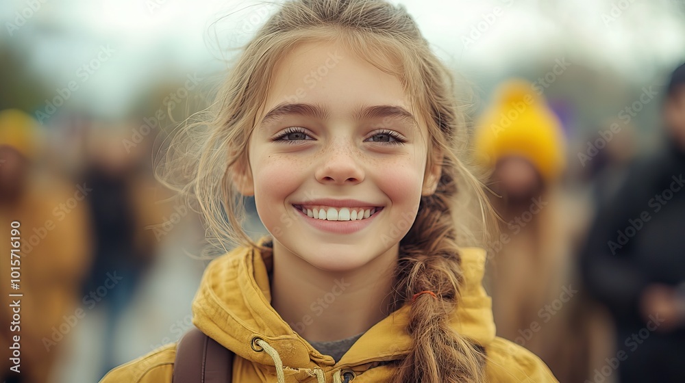 A low-angle shot of a young climate activist girl, smiling confidently during a protest, her sign calling for a revolution in consumption habits to save the environment.