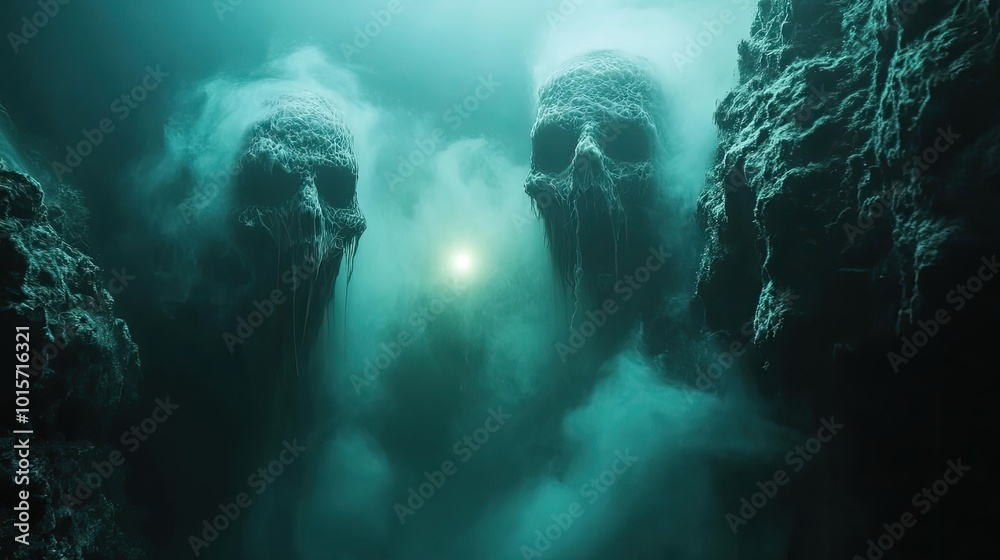 Mysterious underwater scene featuring ghostly skull formations shrouded in mist, illuminated by an eerie light. Mysterious underwater scene featuring ghostly skull formations shrouded in mist, illuminated by an eerie light.
