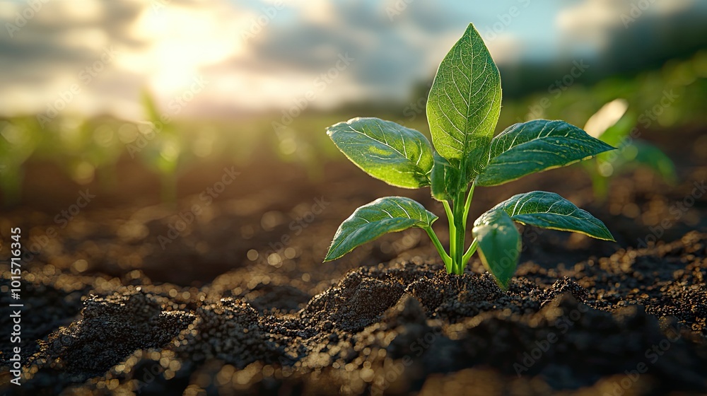 A low-poly styled maize seedling grows in a cultivated field, representing modern agricultural technology concepts.