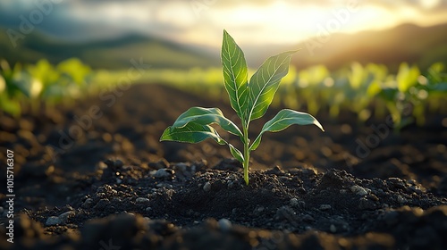 A low-poly styled maize seedling grows in a cultivated field, representing modern agricultural technology concepts.