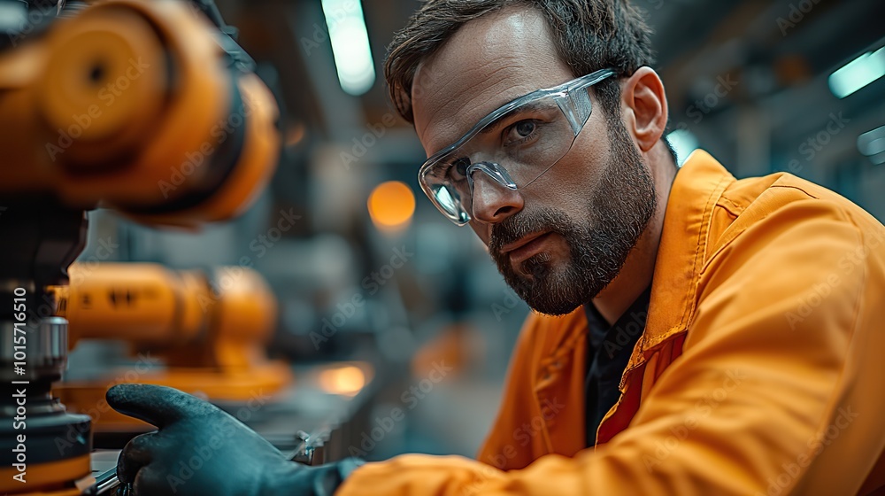 A maintenance engineer collaborates with a robotic arm in a high-tech, modern factory environment. A maintenance engineer collaborates with a robotic arm in a high-tech, modern factory environment.