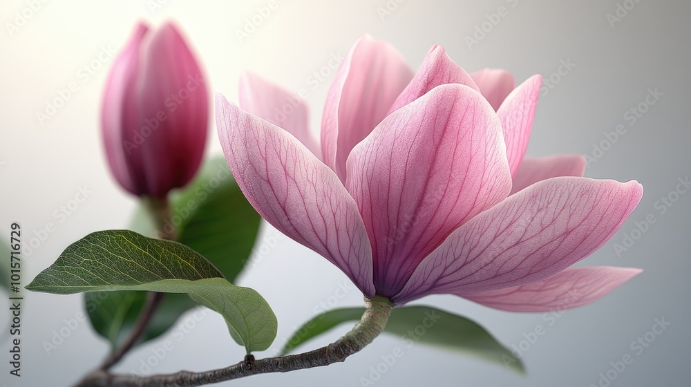 Two pink magnolia flowers blooming on white background Two pink magnolia flowers blooming on white background