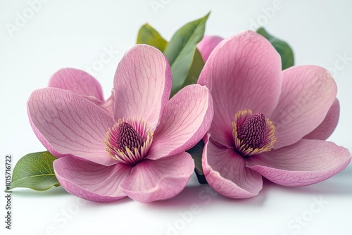 Two pink magnolia flowers blooming on white background